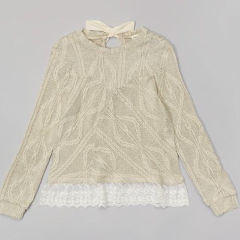 Monteau Girl Oatmeal & Ivory Lace Trim Sweater 10